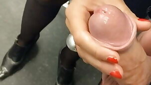 MILF empties a cock in her thong in an elevator